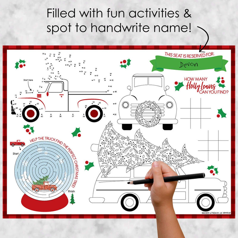 Merry Little Christmas Tree - Paper Red Truck and Car Christmas Party Coloring Sheets - Activity Placemats - Set of 16