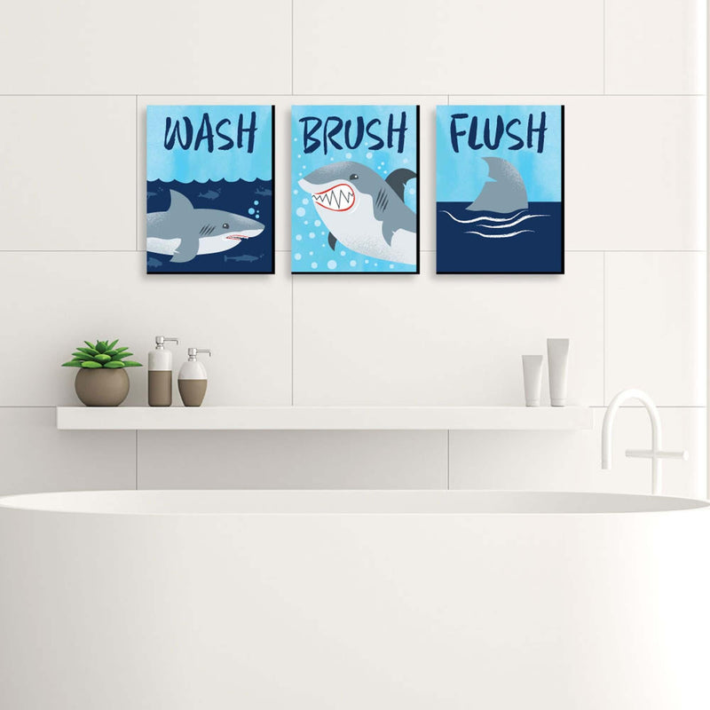 Shark Zone - Kids Bathroom Rules Wall Art - 7.5 x 10 inches - Set of 3 Signs - Wash, Brush, Flush