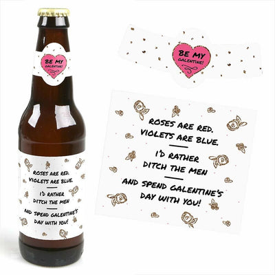 Be My Galentine - Valentine's Day - Decorations for Women and Men - 6 Beer Bottle Labels and 1 Carrier