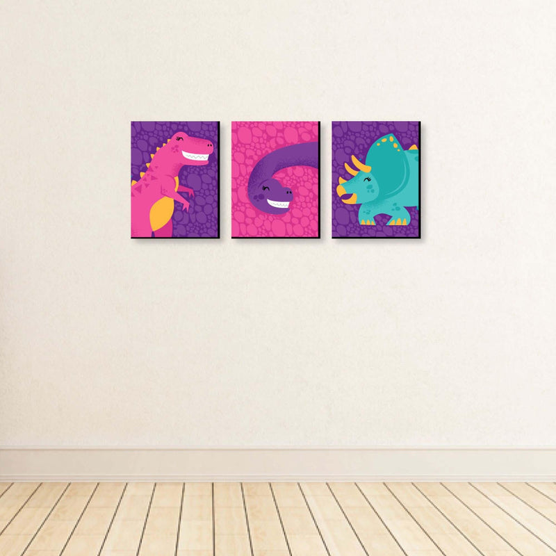 Roar Dinosaur Girl - Girl Dino Mite T-Rex Nursery Wall Art and Kids Room Decor - 7.5 x 10 inches - Set of 3 Prints