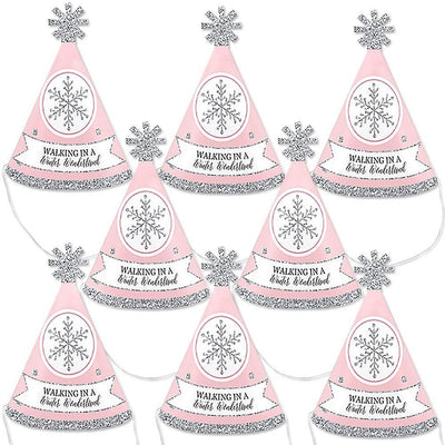 Pink Winter Wonderland - Mini Cone Holiday Snowflake Birthday Party - Small Little Party Hats - Set of 8