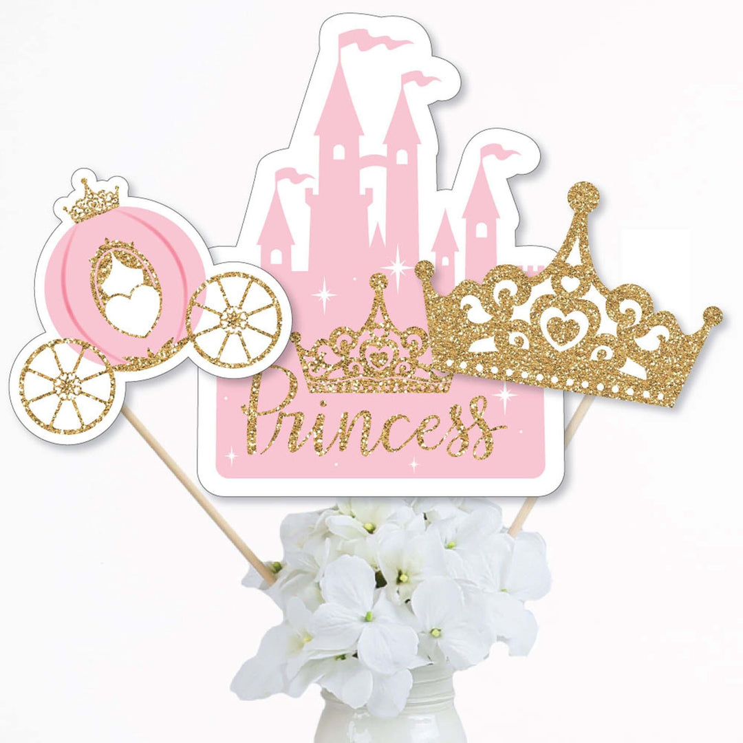 Little Princess Crown - Pink and Gold Princess Baby Shower or Birthday Party Centerpiece Sticks - Table Toppers - Set of 15