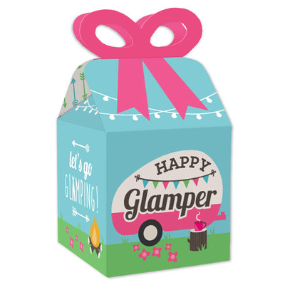 Let's Go Glamping - Square Favor Gift Boxes - Camp Glamp Party or Birthday Party Bow Boxes - Set of 12