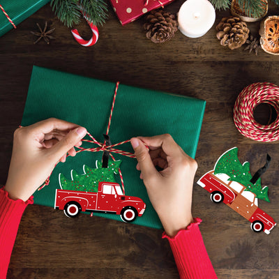 Merry Little Christmas Tree - Red Truck and Car Christmas Party Decorations - Christmas Tree Ornaments - Set of 12