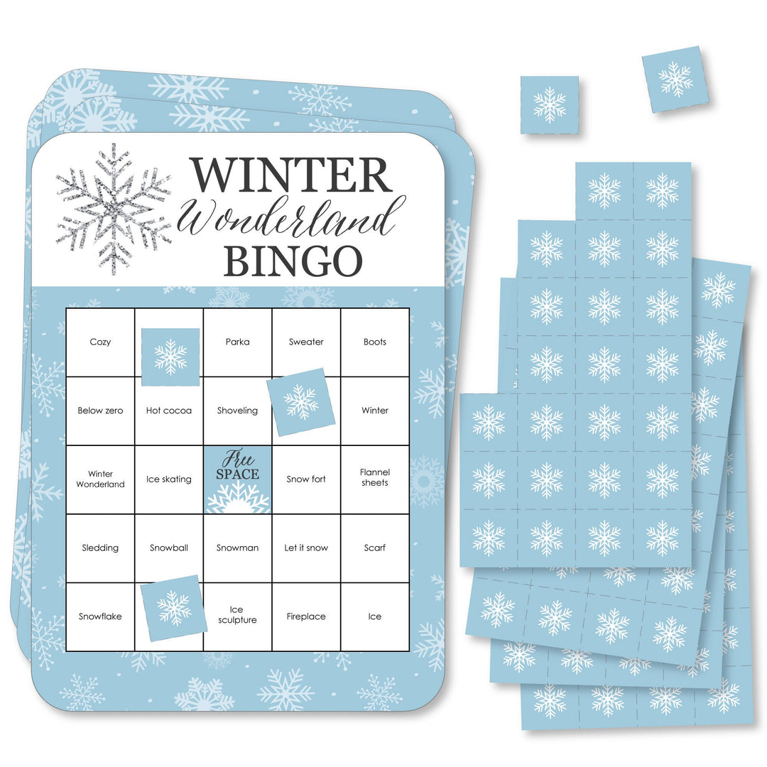 Winter Wonderland - Bingo Cards and Markers - Snowflake Holiday Party and Winter Wedding Bingo Game - Set of 18