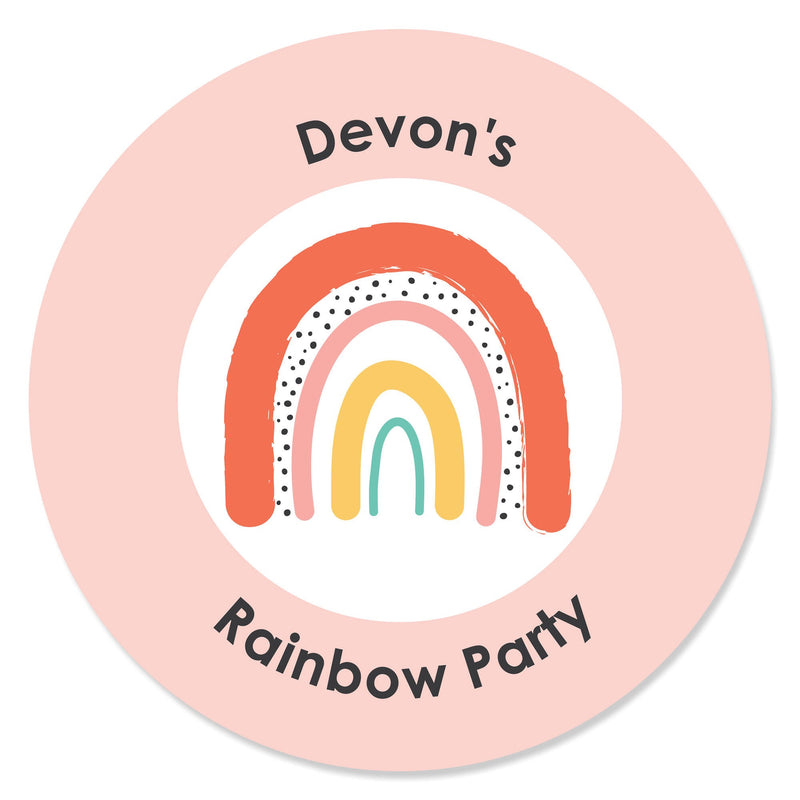 Personalized Hello Rainbow - Custom Boho Baby Shower and Birthday Party Favor Circle Sticker Labels - Custom Text - 24 Count
