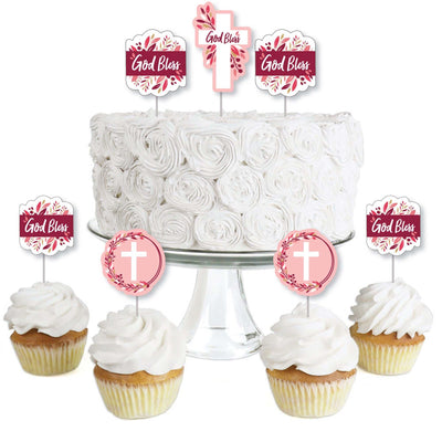 Pink Elegant Cross - Dessert Cupcake Toppers - Girl Religious Party Clear Treat Picks - Set of 24