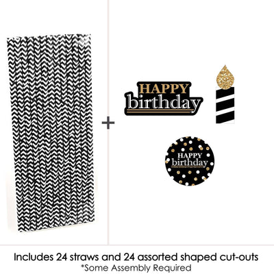 Adult Happy Birthday - Gold - Paper Straw Decor - Birthday Party Striped Decorative Straws - Set of 24