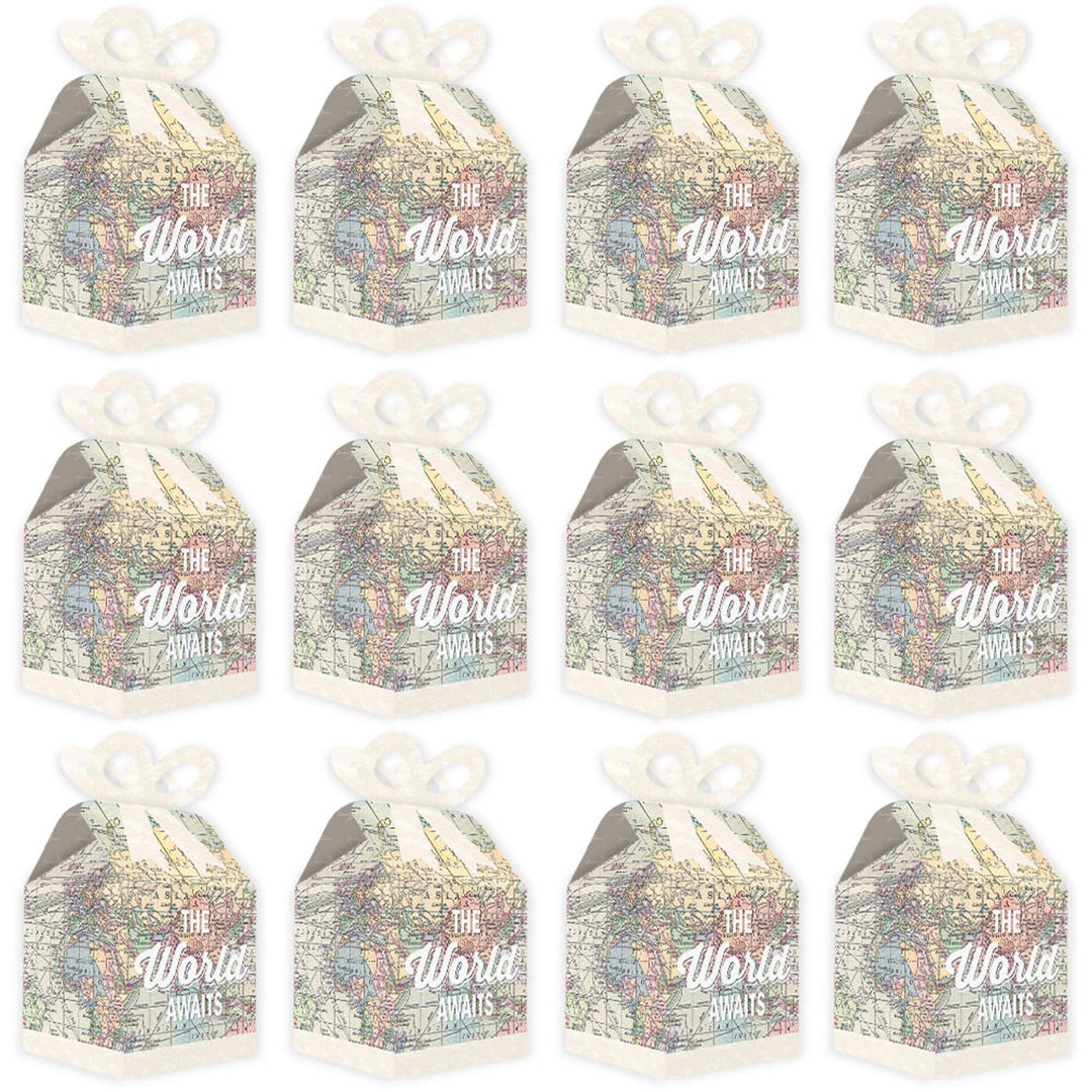 World Awaits - Square Favor Gift Boxes - Travel Themed Party Bow Boxes - Set of 12