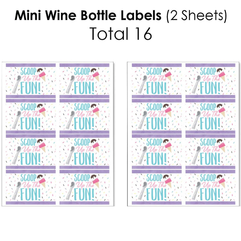 Scoop Up The Fun - Ice Cream - Mini Wine Bottle Labels, Wine Bottle Labels and Water Bottle Labels - Sprinkles Party Decorations - Beverage Bar Kit - 34 Pieces
