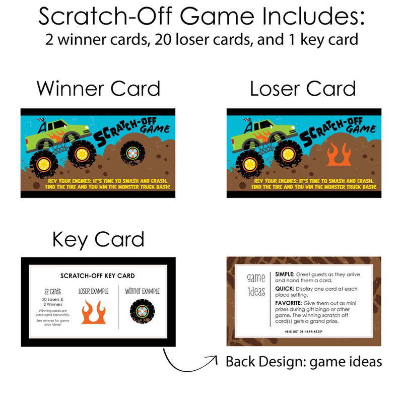 Smash and Crash - Monster Truck - Boy Birthday Party Game Scratch Off Cards - 22 Count