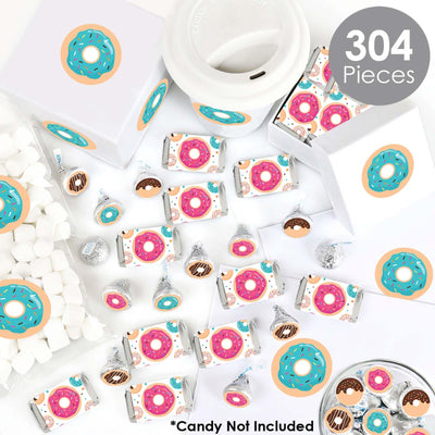 Donut Worry, Let's Party - Mini Candy Bar Wrappers, Round Candy Stickers and Circle Stickers - Doughnut Party Candy Favor Sticker Kit - 304 Pieces