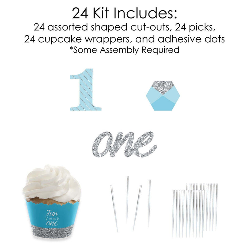 1st Birthday Boy - Fun to be One - Cupcake Decorations - First Birthday Party Cupcake Wrappers and Treat Picks Kit - Set of 24
