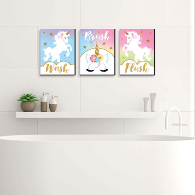 Rainbow Unicorn - Kids Bathroom Rules Wall Art - 7.5 x 10 inches - Set of 3 Signs - Wash, Brush, Flush
