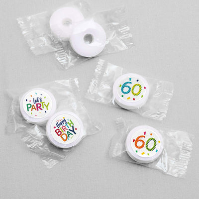 60th Birthday - Cheerful Happy Birthday - Round Candy Labels Colorful Sixtieth Birthday Party Favors - Fits Hershey's Kisses - 108 ct