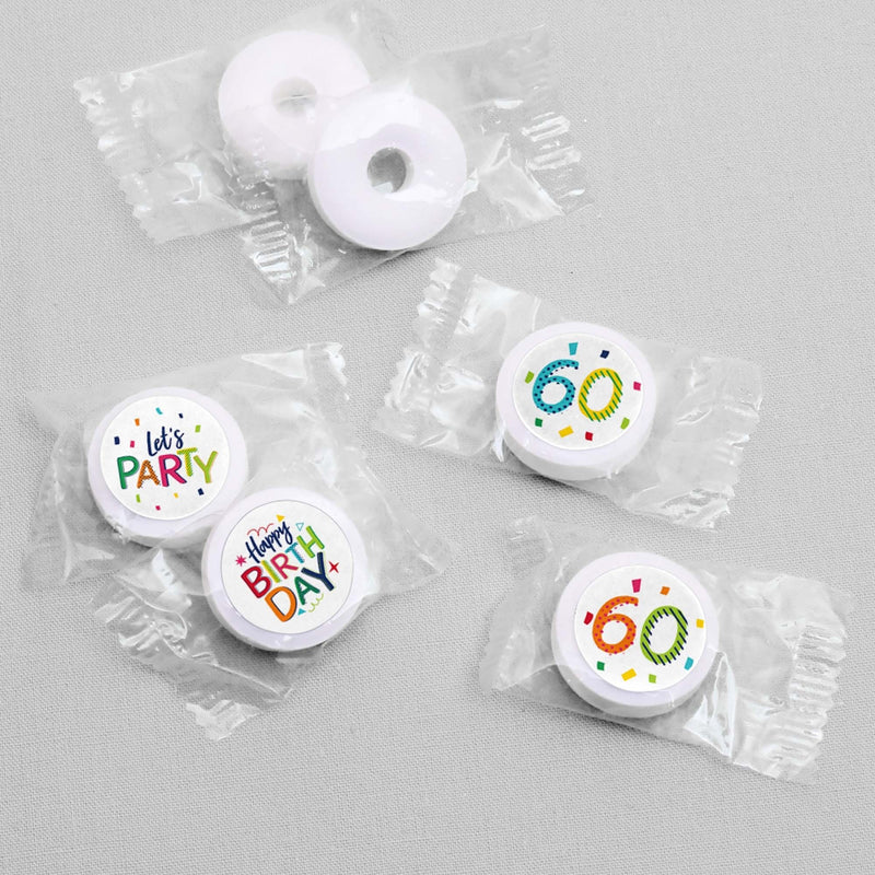 60th Birthday - Cheerful Happy Birthday - Round Candy Labels Colorful Sixtieth Birthday Party Favors - Fits Hershey&