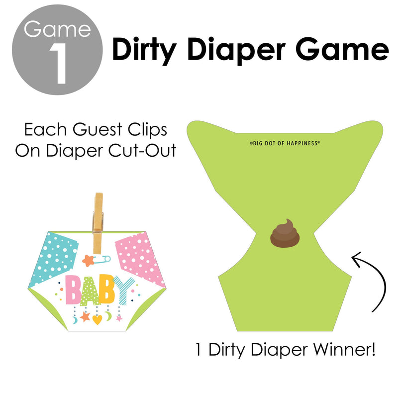 Colorful Baby Shower - Baby Shower Conversation Starter - 2-in-1 Dirty Diaper Game - Set of 24