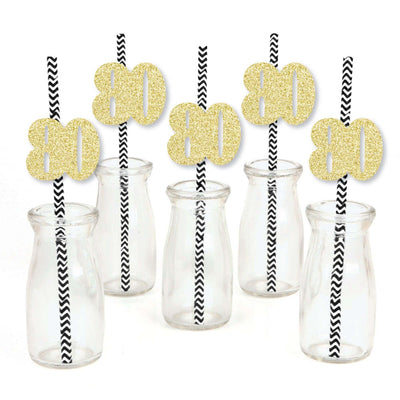 Gold Glitter 80 Party Straws - No-Mess Real Gold Glitter Cut-Out Numbers & Decorative 80th Birthday Party Paper Straws - Set of 24