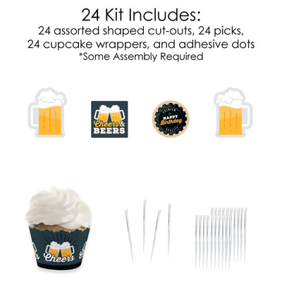 Cheers and Beers Happy Birthday - Cupcake Decoration - Birthday Party Cupcake Wrappers and Treat Picks Kit - Set of 24