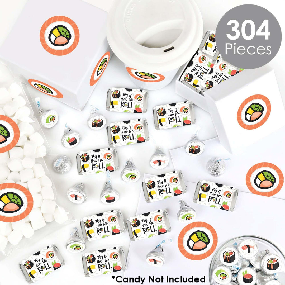 Let's Roll - Sushi - Mini Candy Bar Wrappers, Round Candy Stickers and Circle Stickers - Japanese Party Candy Favor Sticker Kit - 304 Pieces