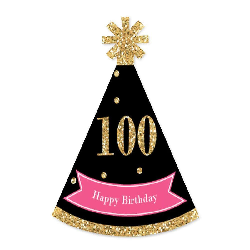 Chic 100th Birthday - Pink, Black and Gold - Mini Cone Birthday Party Hats - Small Little Party Hats - Set of 8
