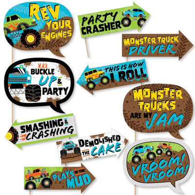 Funny Smash and Crash - Monster Truck - Boy Birthday Party Photo Booth Props Kit - 10 Piece