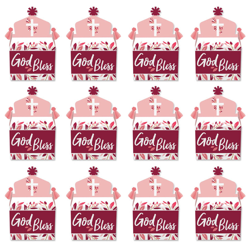 Pink Elegant Cross - Treat Box Party Favors - Girl Religious Party Goodie Gable Boxes - Set of 12