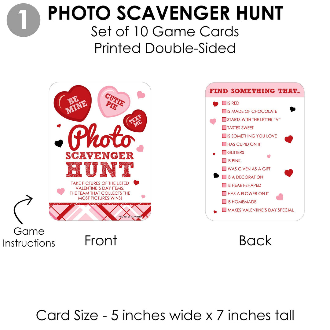 Conversation Hearts - 4 Valentine's Day Games - 10 Cards Each - A-Z, Alphabet Code, What's Your Cupid Name and Photo Scavenger Hunt - Gamerific Bundle