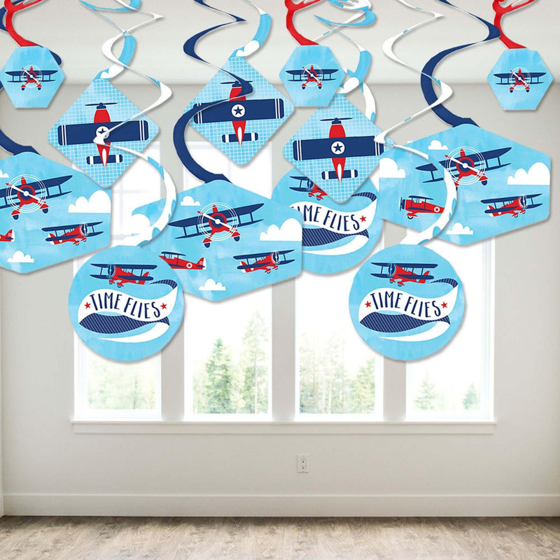 Taking Flight - Airplane - Vintage Plane Baby Shower or Birthday Party Hanging Decor - Party Decoration Swirls - Set of 40