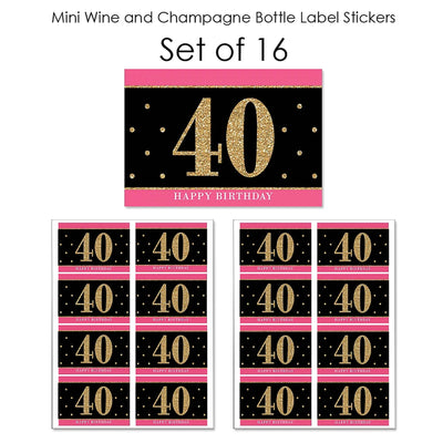 Chic 40th Birthday - Pink, Black and Gold - Mini Wine and Champagne Bottle Label Stickers - Birthday Party Favor Gift - For Women and Men - Set of 16