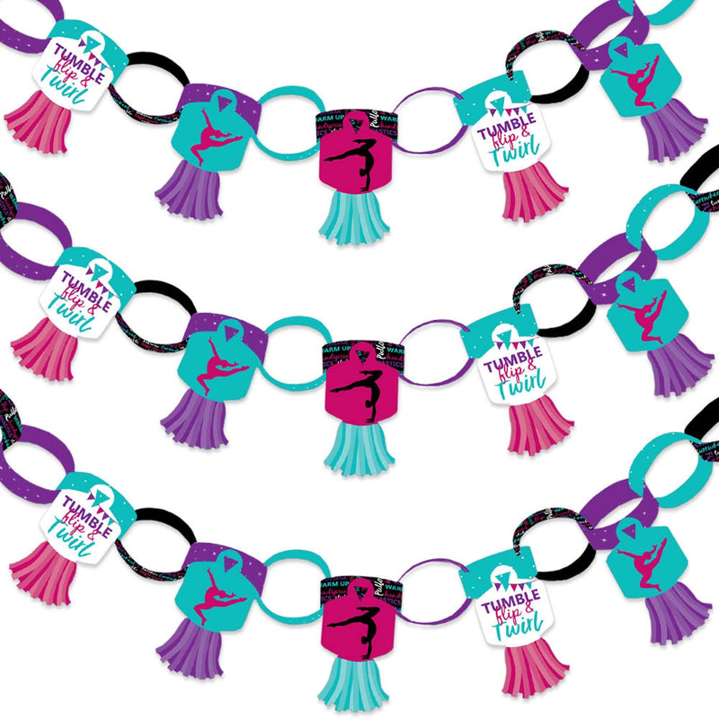 Tumble, Flip & Twirl - Gymnastics - 90 Chain Links and 30 Paper Tassels Decoration Kit - Birthday Party or Gymnast Party Paper Chains Garland - 21 feet