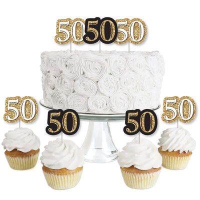 Adult 50th Birthday - Gold - Dessert Cupcake Toppers - Birthday Party Clear Treat Picks - Set of 24