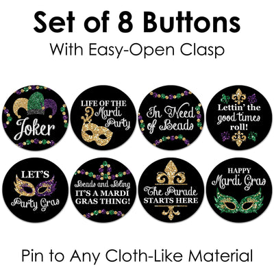Mardi Gras - 3 inch Masquerade Party Badge - Pinback Buttons - Set of 8