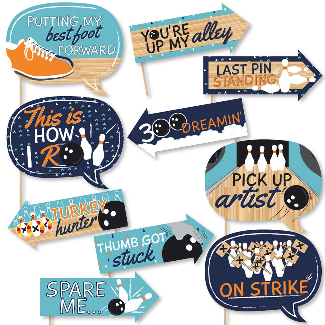 A set of 10 printed and cut photo booth props on a bowling theme, with phrases such as 'Putting my best foot forward', 'You're up my alley', and 'Spare me.