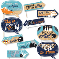A set of 10 printed and cut photo booth props on a bowling theme, with phrases such as 'Putting my best foot forward', 'You're up my alley', and 'Spare me.