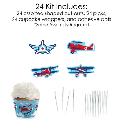Taking Flight - Airplane - Cupcake Decorations - Vintage Plane Baby Shower or Birthday Party Cupcake Wrappers and Treat Picks Kit - Set of 24