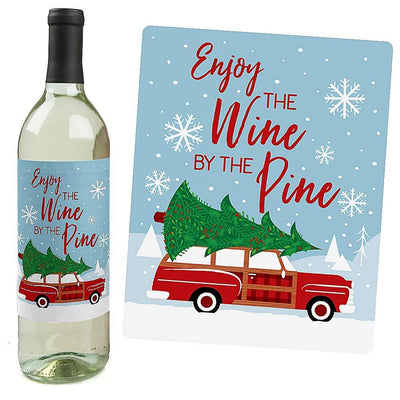 Merry Little Christmas Tree - Red Truck and Car Christmas Party Decorations for Women and Men - Wine Bottle Label Stickers - Set of 4