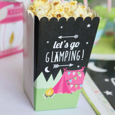 Let's Go Glamping - Camp Glamp Party or Birthday Party Favor Popcorn Treat Boxes - Set of 12