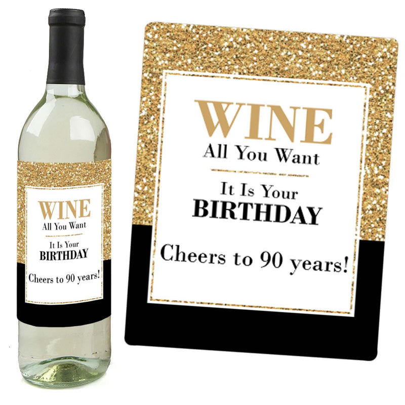 Adult 90th Birthday - Gold - Decorations for Women and Men - Wine Bottle Label Birthday Party Gift - Set of 4