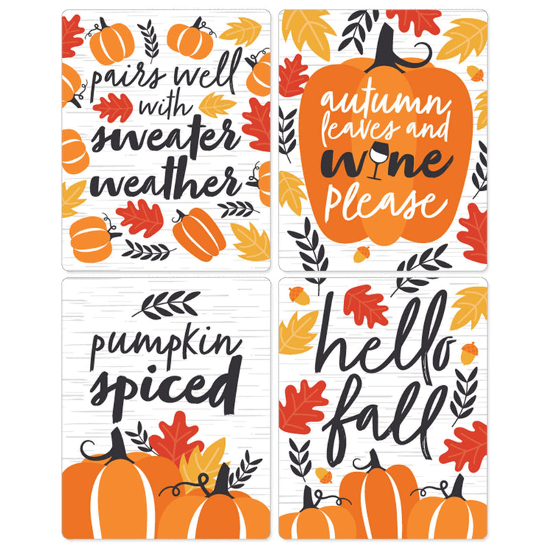Fall Pumpkin - Halloween or Thanksgiving Party Decorations for Women and Men - Wine Bottle Label Stickers - Set of 4