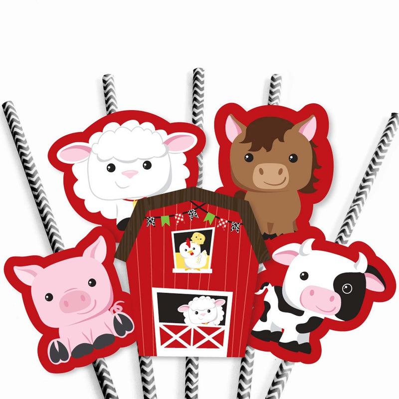 Farm Animals - Paper Straw Decor - Barnyard Baby Shower or Birthday Party Striped Decorative Straws - Set of 24