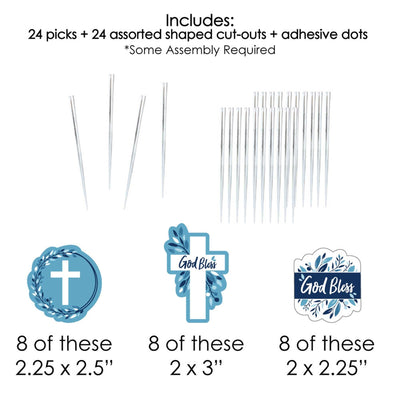 Blue Elegant Cross - Dessert Cupcake Toppers - Boy Religious Party Clear Treat Picks - Set of 24