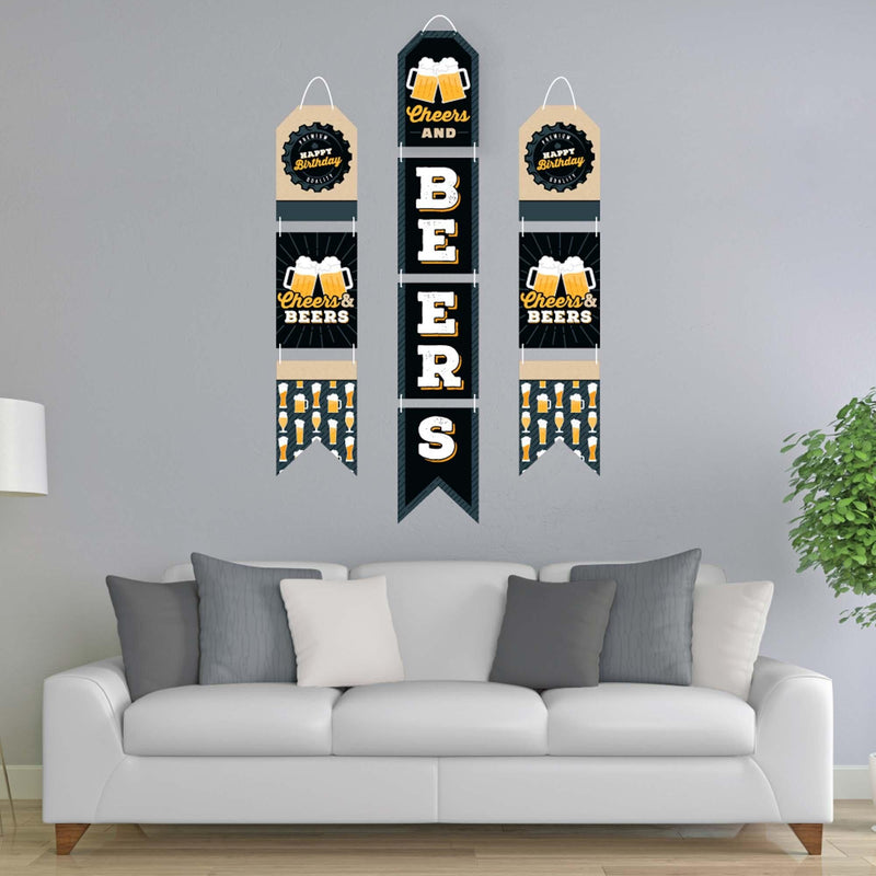 Cheers and Beers Happy Birthday - Hanging Vertical Paper Door Banners - Wall Decoration Kit - Indoor Door Decor