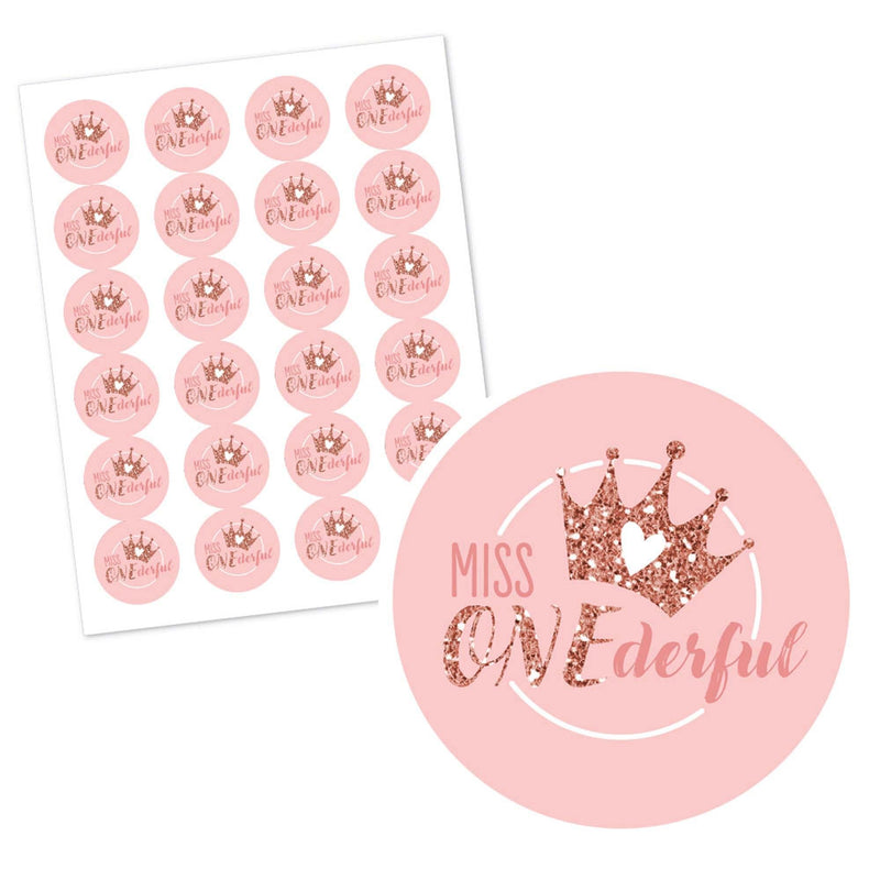 1st Birthday Little Miss Onederful - Personalized Girl First Birthday Party Circle Sticker Labels - 24 Count