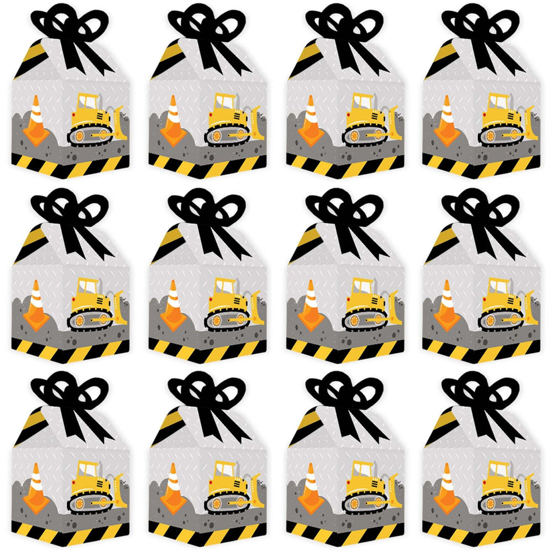 Dig It - Construction Party Zone - Square Favor Gift Boxes - Baby Shower or Birthday Party Bow Boxes - Set of 12