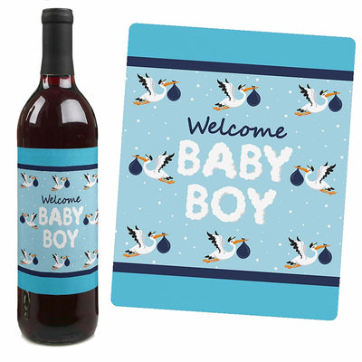 Boy Special Delivery - Blue It's A Boy Stork Baby Shower Decorations for Women and Men - Wine Bottle Label Stickers - Set of 4