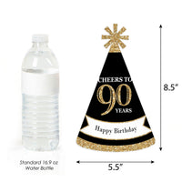 Adult 90th Birthday - Gold - Cone Birthday Party Hats for Adults - Set of 8 (Standard Size)