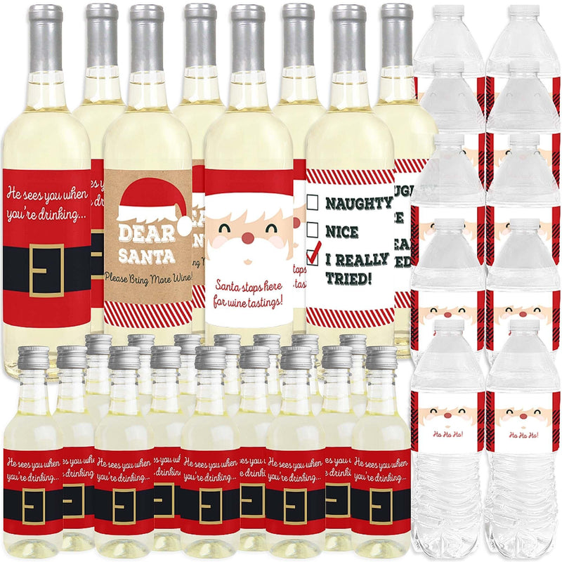Jolly Santa Claus - Mini Wine Bottle Labels, Wine Bottle Labels and Water Bottle Labels - Christmas Party Decorations - Beverage Bar Kit - 34 Pieces