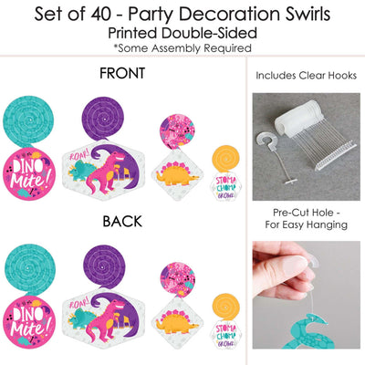 Roar Dinosaur Girl - Dino Mite Trex Baby Shower or Birthday Party Hanging Decor - Party Decoration Swirls - Set of 40