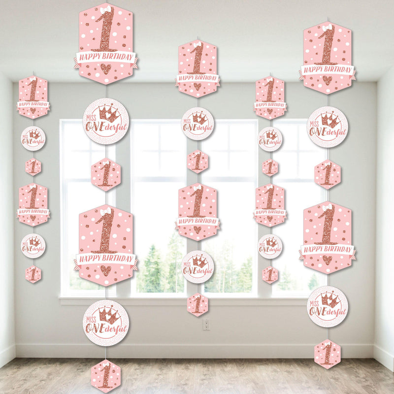 1st Birthday Little Miss Onederful - Girl First Birthday Party DIY Dangler Backdrop - Hanging Vertical Decorations - 30 Pieces